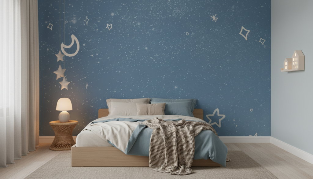 Papier peint ciel étoilé bleu avec lune et étoiles scintillantes - Chambre enfant