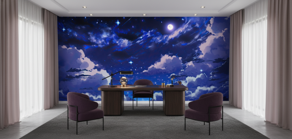 Papier Peint Ciel Étoilé Nocturne aux Nuages Bleus Lumineux - Bureau