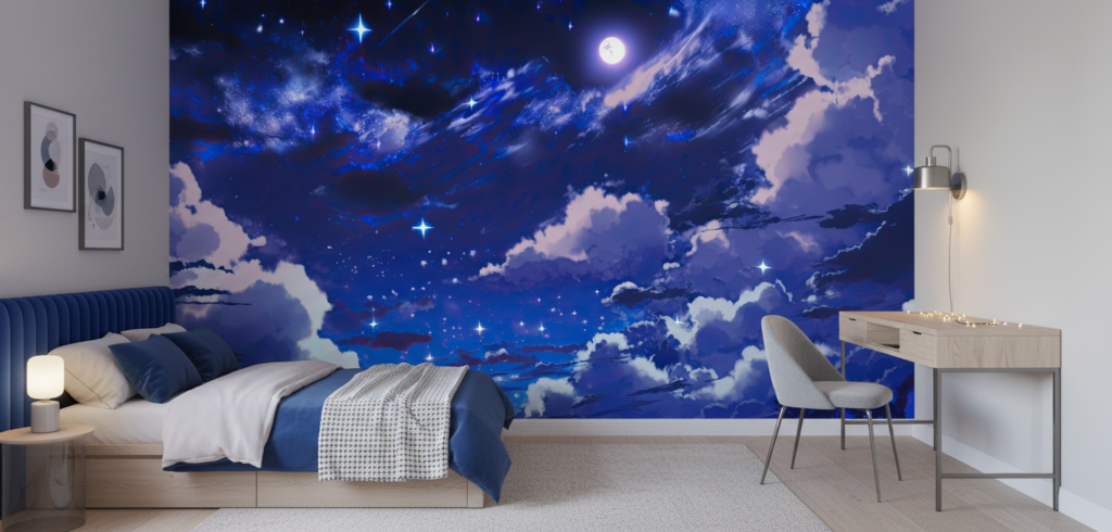 Papier Peint Ciel Étoilé Nocturne aux Nuages Bleus Lumineux - Chambre ado