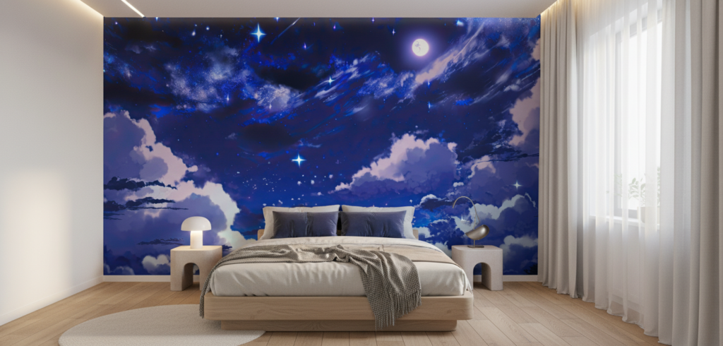 Papier Peint Ciel Étoilé Nocturne aux Nuages Bleus Lumineux - Chambre adulte
