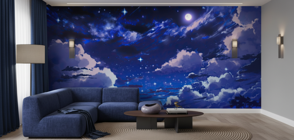 Papier Peint Ciel Étoilé Nocturne aux Nuages Bleus Lumineux - Salon / Séjour