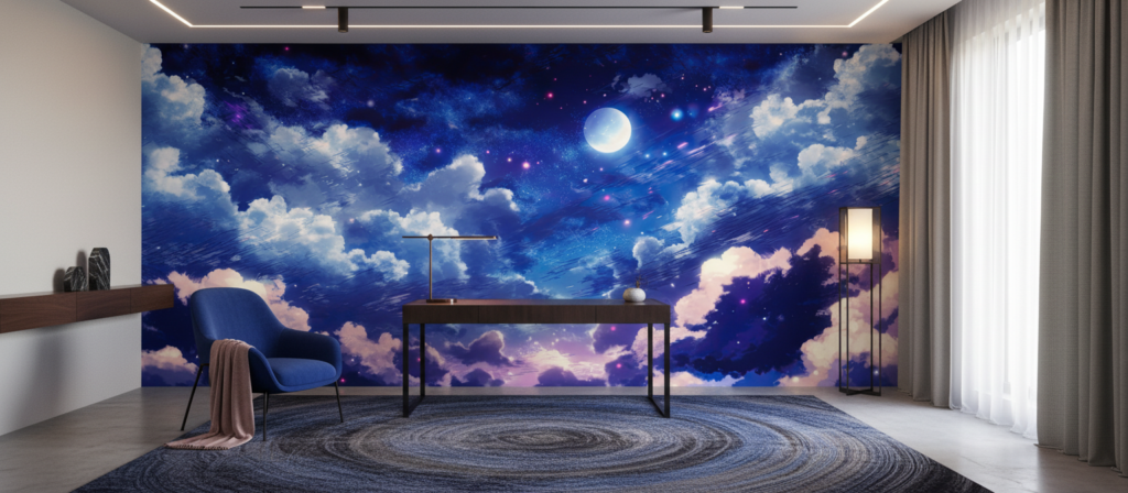 Papier peint ciel étoilé nocturne avec nuages et lune éclatante - Bureau