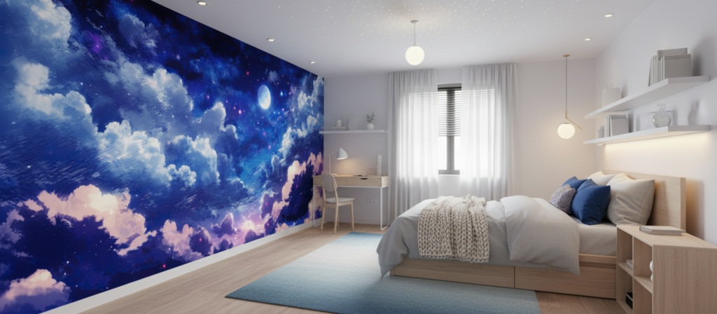 Papier peint ciel étoilé nocturne avec nuages et lune éclatante - Chambre ado