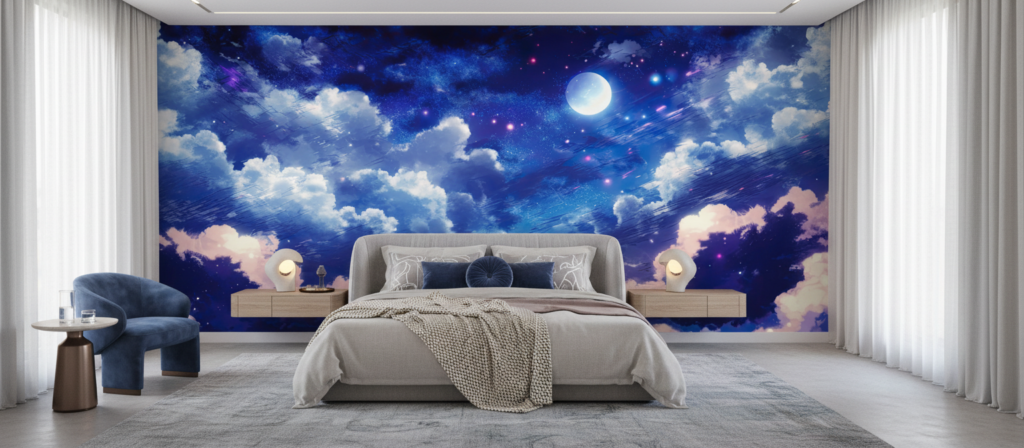 Papier peint ciel étoilé nocturne avec nuages et lune éclatante - Chambre adulte
