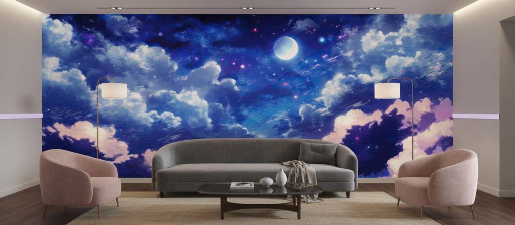 Papier peint ciel étoilé nocturne avec nuages et lune éclatante - Salon / Séjour