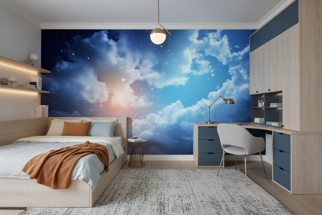 Papier Peint Ciel Étoilé Nuages Bleus Atmosphère Cosmique - Chambre ado