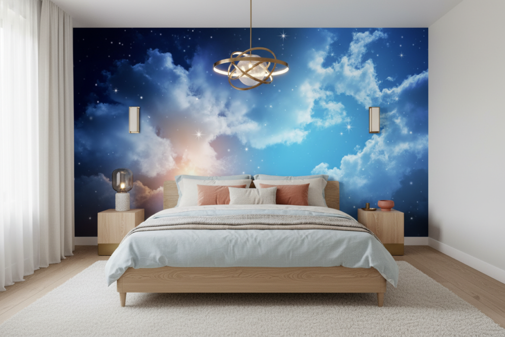 Papier Peint Ciel Étoilé Nuages Bleus Atmosphère Cosmique - Chambre adulte