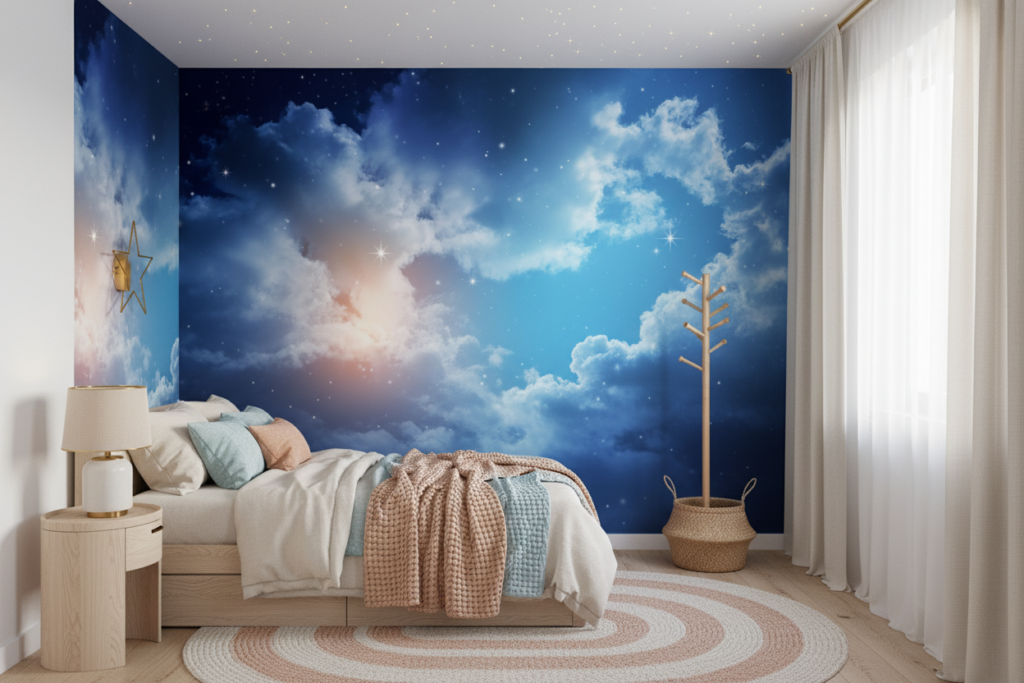 Papier Peint Ciel Étoilé Nuages Bleus Atmosphère Cosmique - Chambre enfant