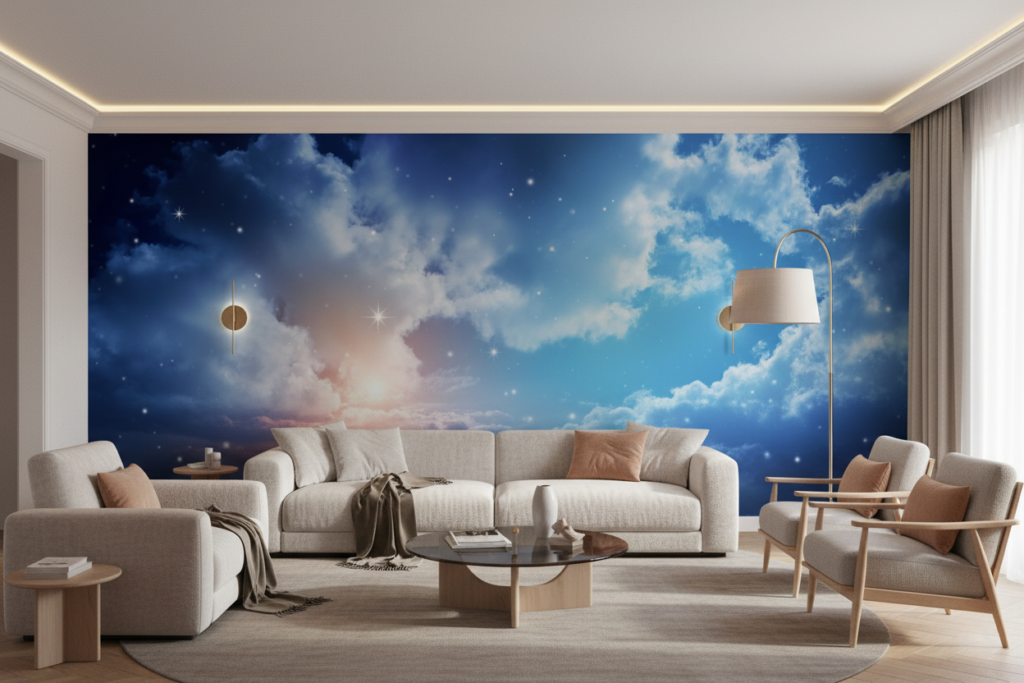 Papier Peint Ciel Étoilé Nuages Bleus Atmosphère Cosmique - Salon / Séjour