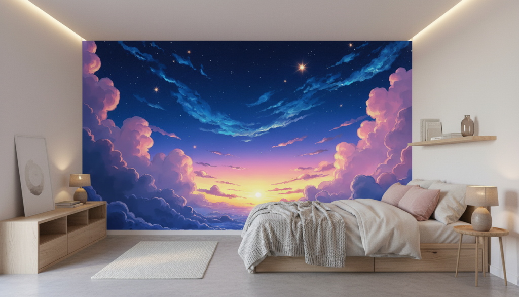 Papier peint ciel étoilé nuages roses coucher soleil océan - Chambre ado