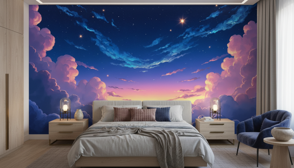 Papier peint ciel étoilé nuages roses coucher soleil océan - Chambre adulte