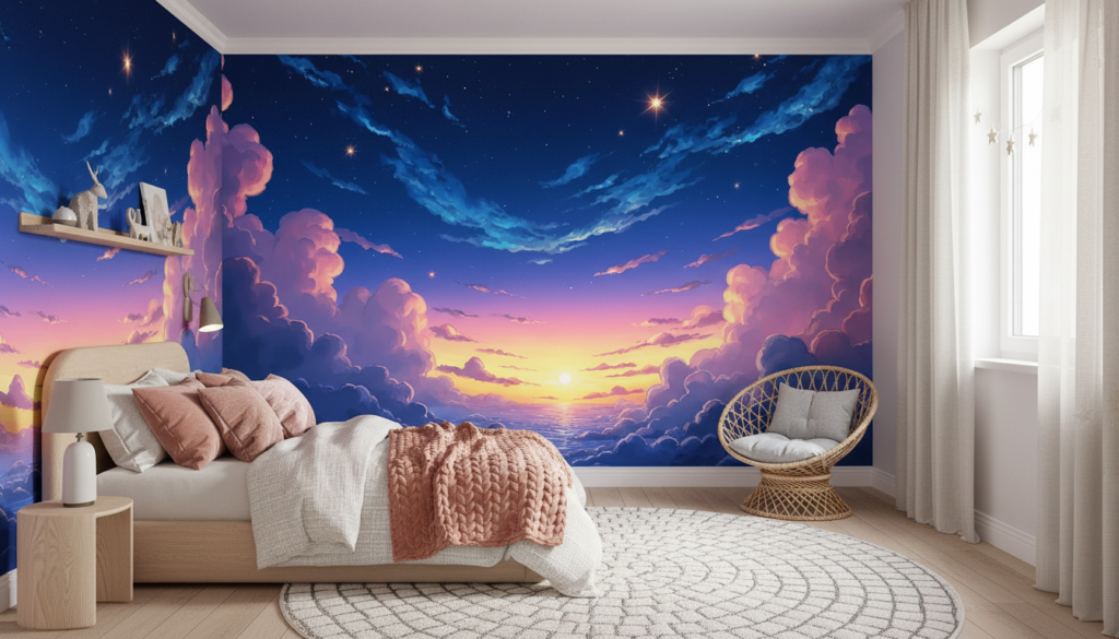 Papier peint ciel étoilé nuages roses coucher soleil océan - Chambre enfant