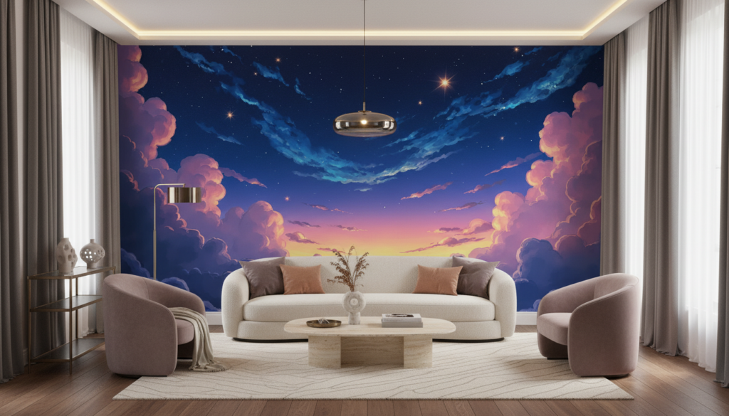 Papier peint ciel étoilé nuages roses coucher soleil océan - Salon / Séjour