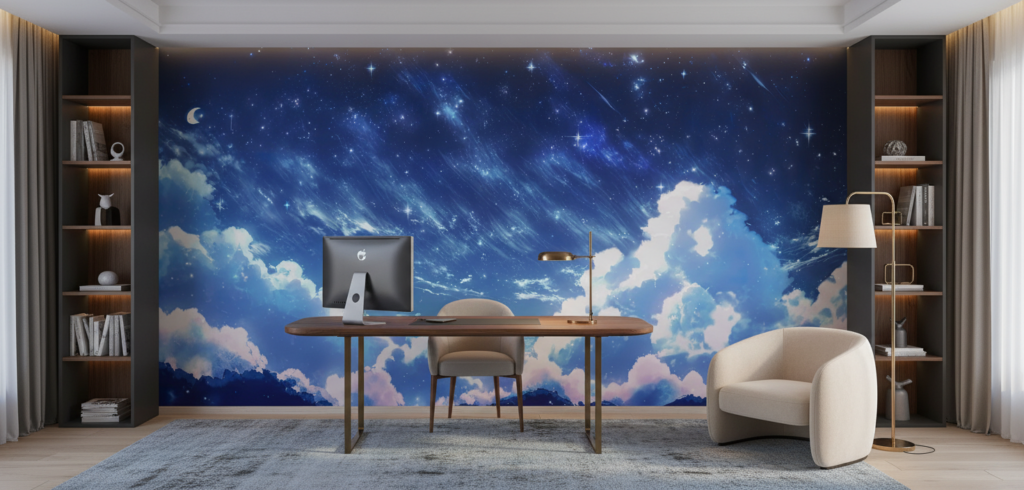 Papier peint ciel étoilé nuages roses lune croissant ambiance nocturne - Bureau