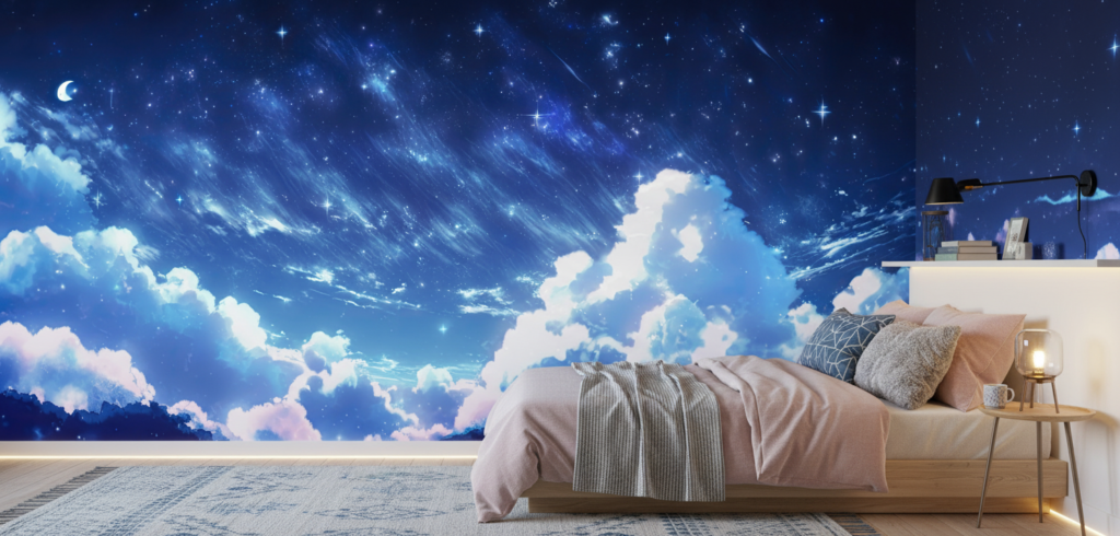 Papier peint ciel étoilé nuages roses lune croissant ambiance nocturne - Chambre ado