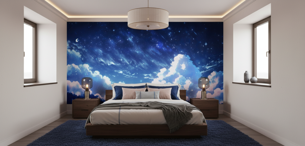 Papier peint ciel étoilé nuages roses lune croissant ambiance nocturne - Chambre adulte