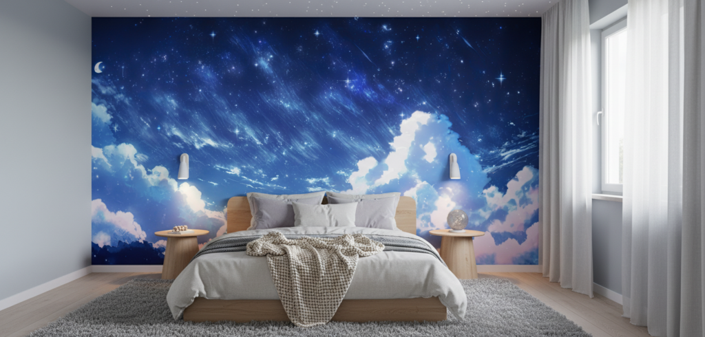 Papier peint ciel étoilé nuages roses lune croissant ambiance nocturne - Chambre enfant