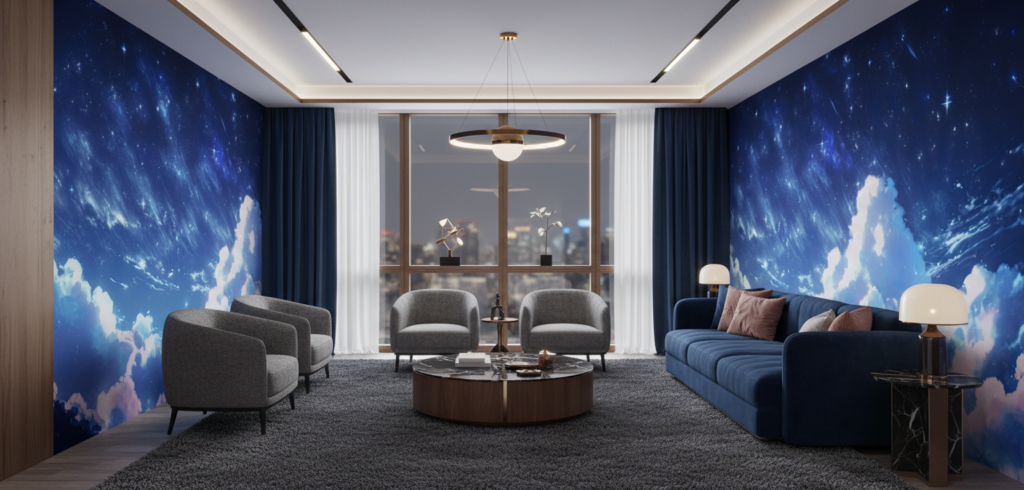 Papier peint ciel étoilé nuages roses lune croissant ambiance nocturne - Salon / Séjour