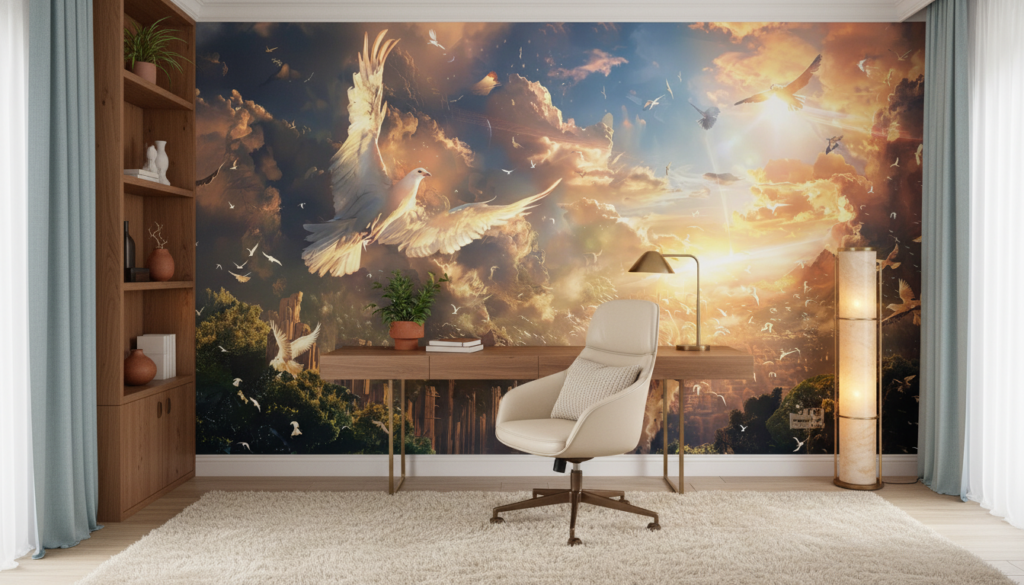 Papier Peint Ciel Céleste avec Colombe et Oiseaux Dorés - Bureau