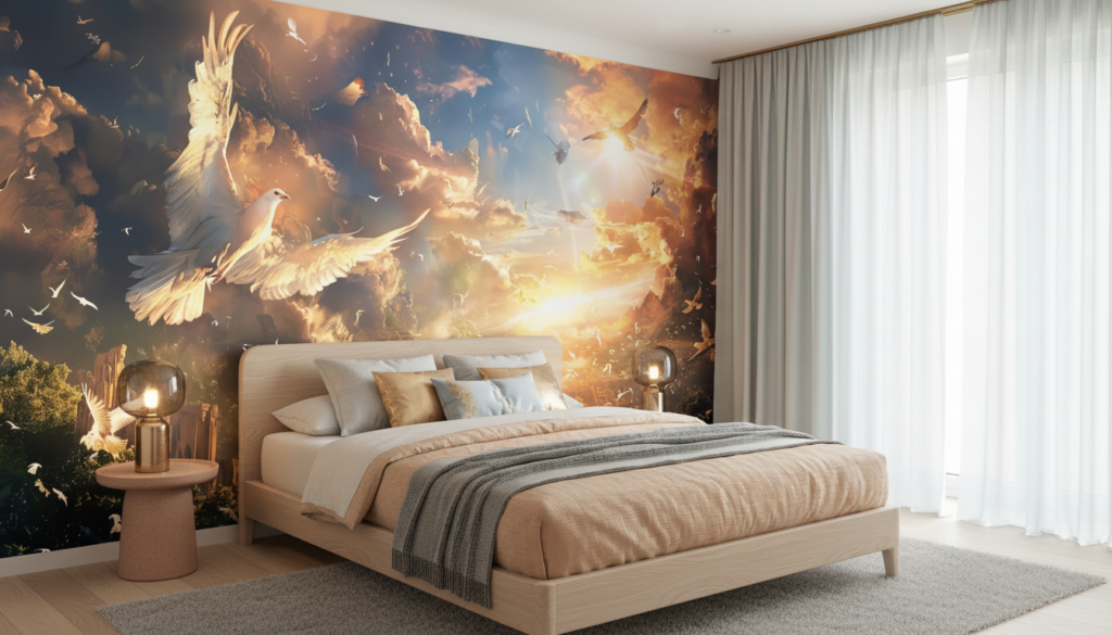 Papier Peint Ciel Céleste avec Colombe et Oiseaux Dorés - Chambre adulte