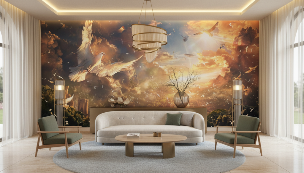 Papier Peint Ciel Céleste avec Colombe et Oiseaux Dorés - Hôtel