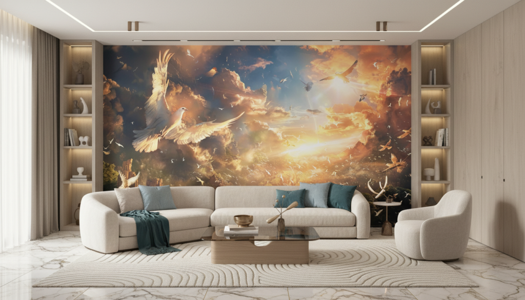 Papier Peint Ciel Céleste avec Colombe et Oiseaux Dorés - Salon / Séjour