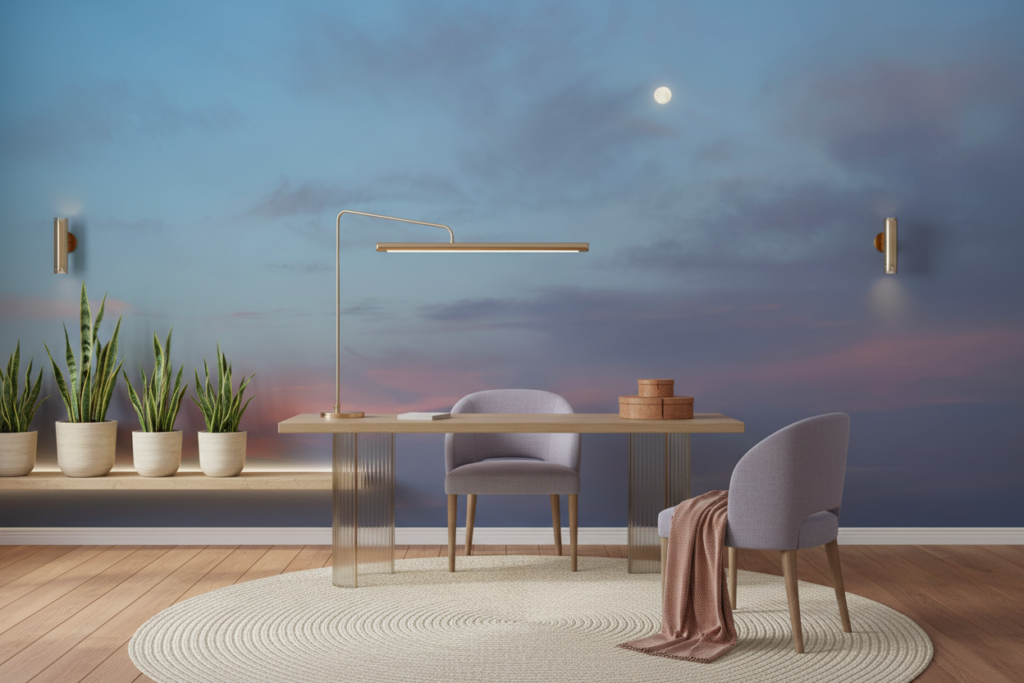 Papier Peint Ciel Crépusculaire aux Nuances Bleu Rose avec Lune - Bureau