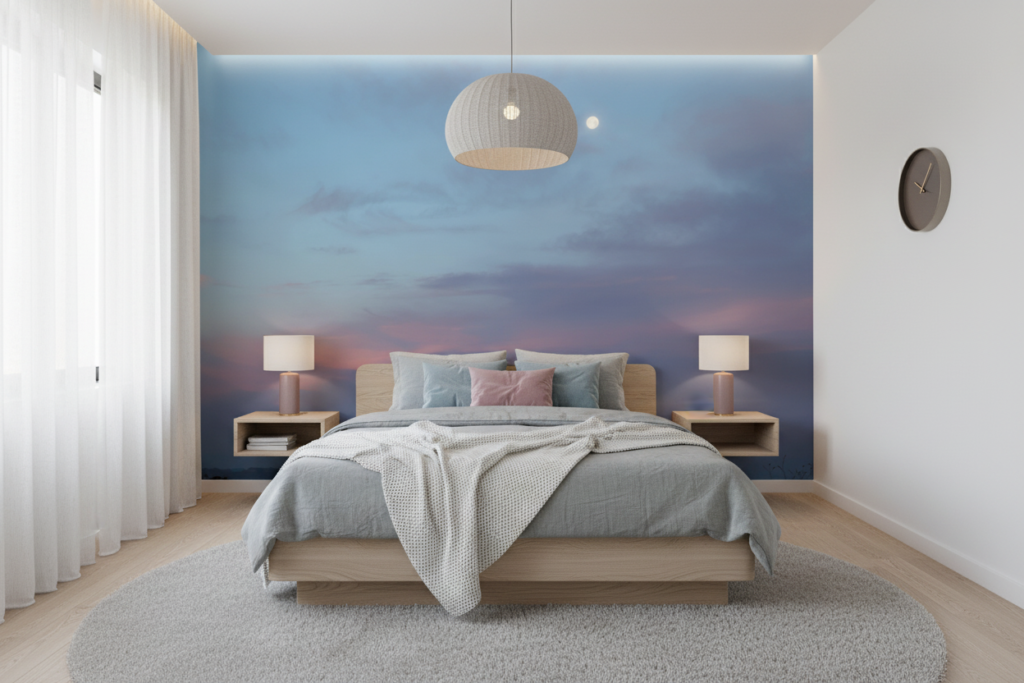 Papier Peint Ciel Crépusculaire aux Nuances Bleu Rose avec Lune - Chambre ado