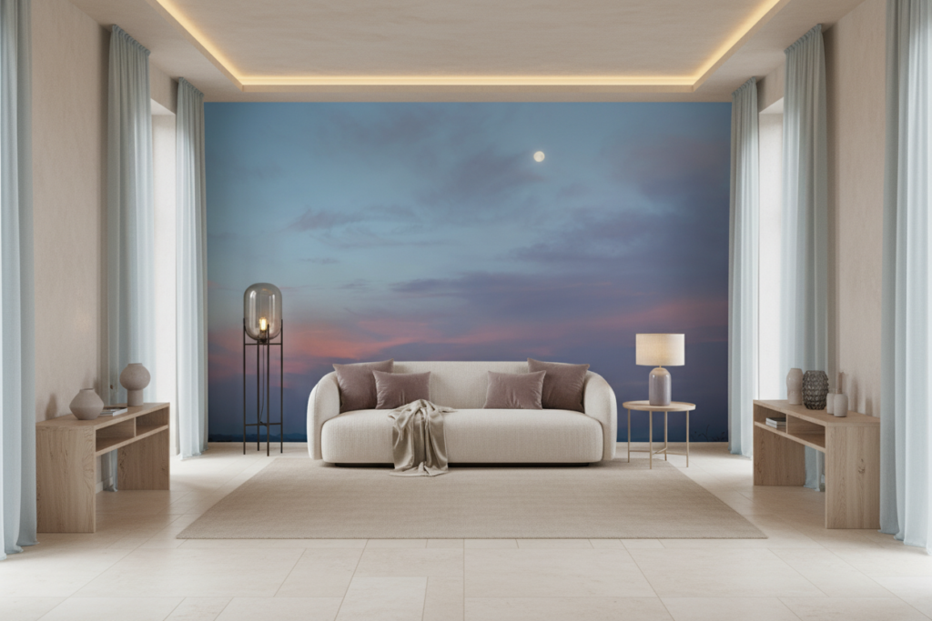 Papier Peint Ciel Crépusculaire aux Nuances Bleu Rose avec Lune - Salon / Séjour