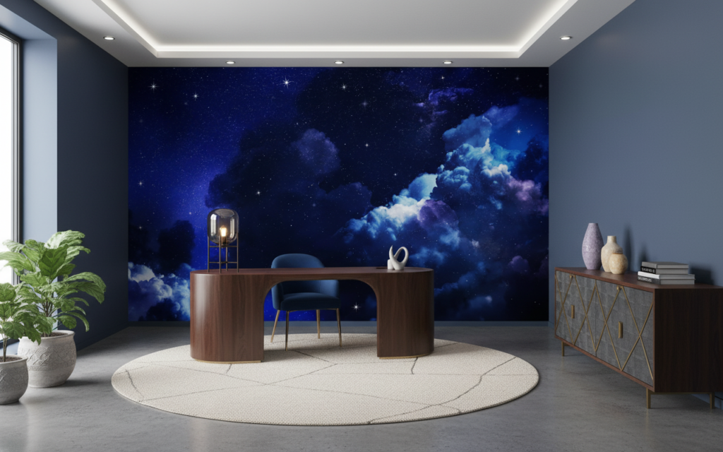 Papier Peint Ciel Nocturne Étoilé avec Nuages Cosmiques Bleus - Bureau