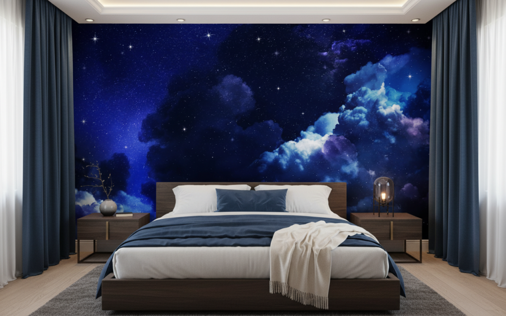 Papier Peint Ciel Nocturne Étoilé avec Nuages Cosmiques Bleus - Chambre adulte