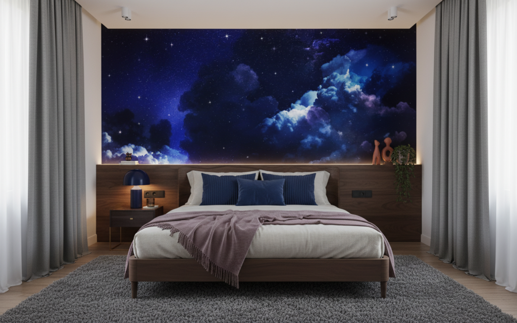 Papier Peint Ciel Nocturne Étoilé avec Nuages Cosmiques Bleus - Chambre adulte