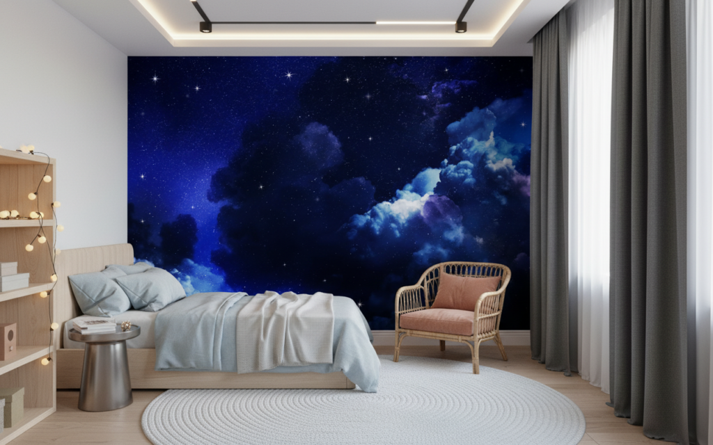Papier Peint Ciel Nocturne Étoilé avec Nuages Cosmiques Bleus - Chambre enfant