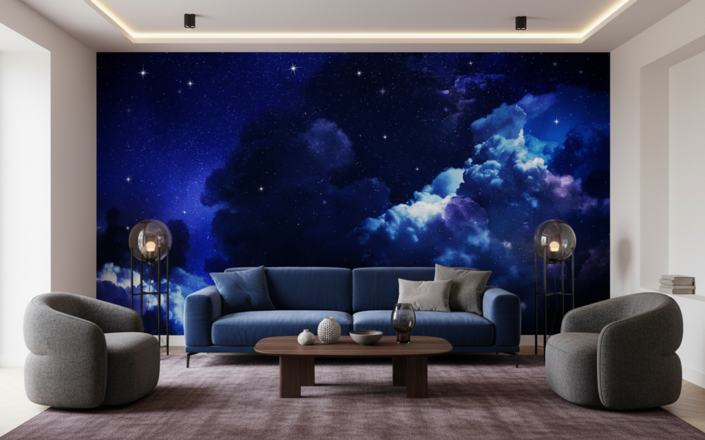Papier Peint Ciel Nocturne Étoilé avec Nuages Cosmiques Bleus - Salon / Séjour