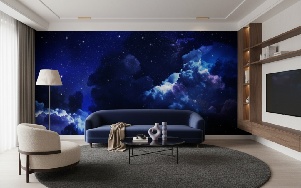Papier Peint Ciel Nocturne Étoilé avec Nuages Cosmiques Bleus - Salon / Séjour
