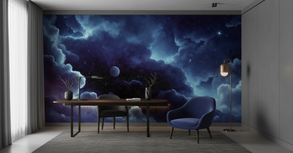 Papier peint ciel nocturne étoilé avec nuages et lune mystique - Bureau