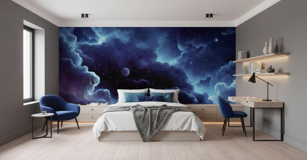 Papier peint ciel nocturne étoilé avec nuages et lune mystique - Chambre ado