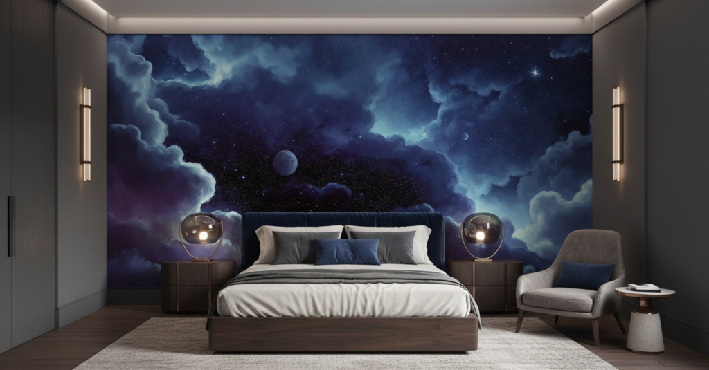 Papier peint ciel nocturne étoilé avec nuages et lune mystique - Chambre adulte