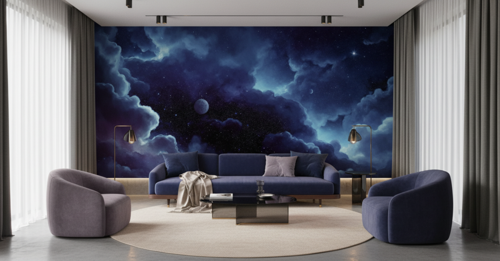 Papier peint ciel nocturne étoilé avec nuages et lune mystique - Salon / Séjour