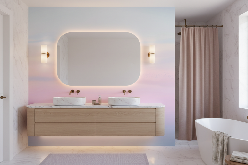 Papier Peint Ciel Pastel Nuages Roses et Bleus Dégradé - Salle de bain