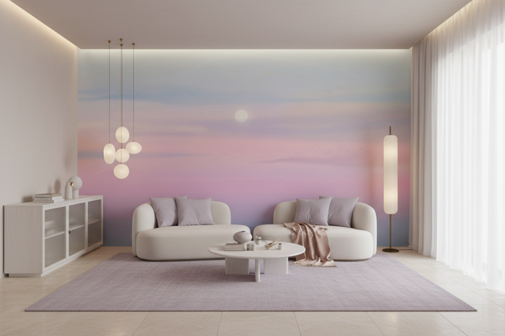 Papier Peint Ciel Pastel Nuages Roses et Bleus Dégradé - Salon / Séjour