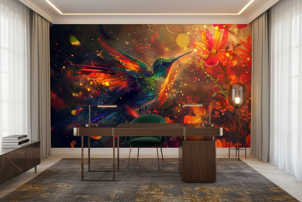 Papier Peint Colibri Fantastique aux Fleurs Lumineuses et Éclaboussures Colorées - Bureau
