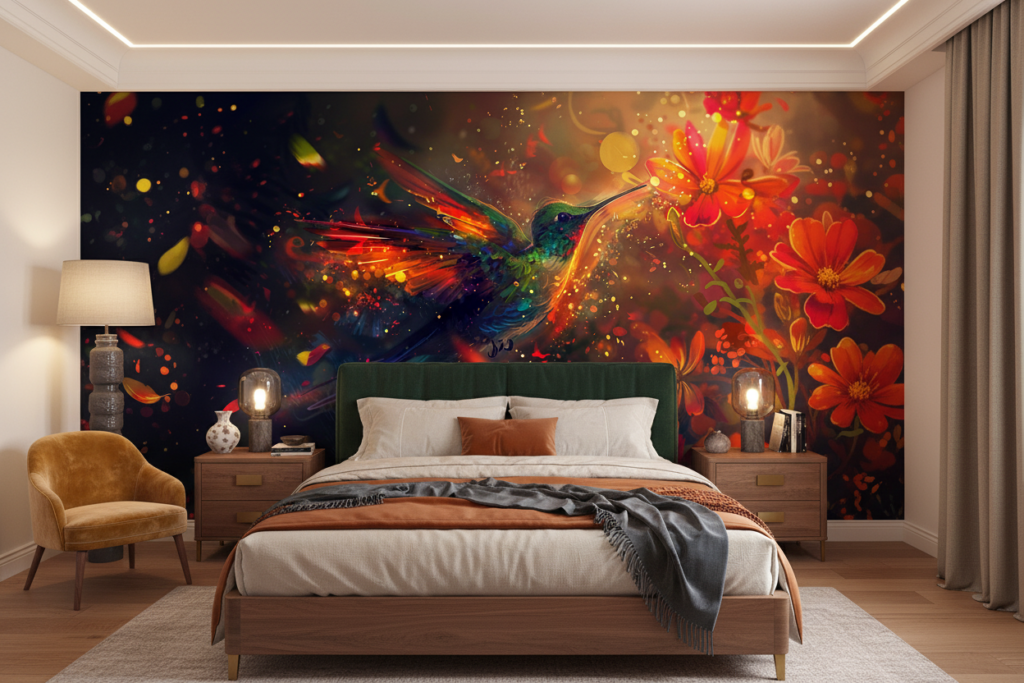 Papier Peint Colibri Fantastique aux Fleurs Lumineuses et Éclaboussures Colorées - Chambre adulte