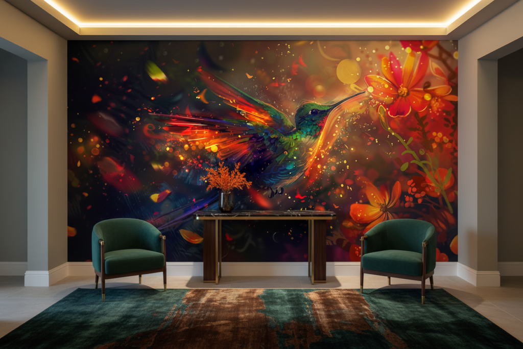 Papier Peint Colibri Fantastique aux Fleurs Lumineuses et Éclaboussures Colorées - Entrée