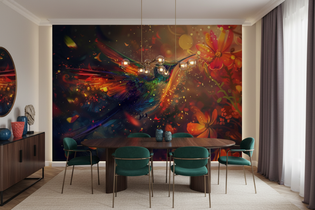 Papier Peint Colibri Fantastique aux Fleurs Lumineuses et Éclaboussures Colorées - Salle à manger
