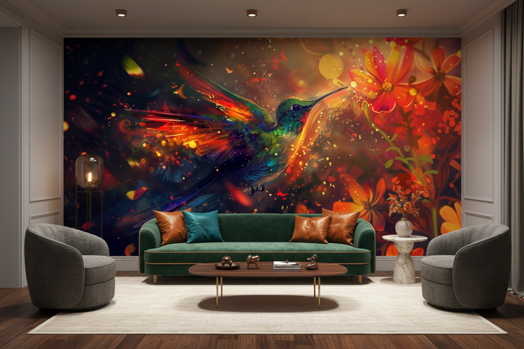 Papier Peint Colibri Fantastique aux Fleurs Lumineuses et Éclaboussures Colorées - Salon / Séjour