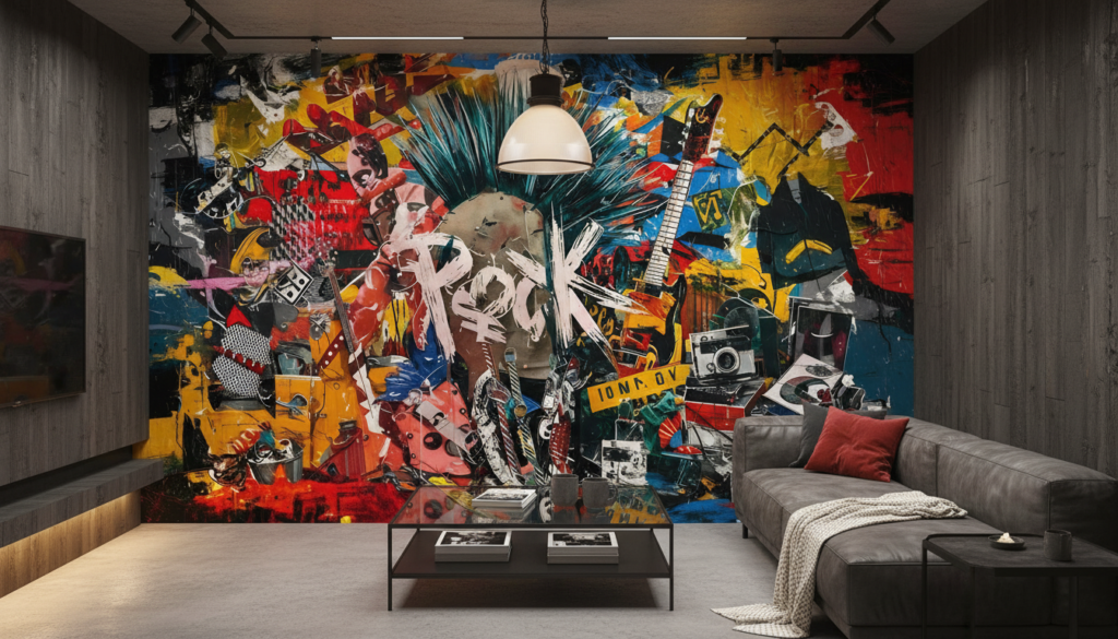 Papier peint collage punk rock explosion de couleurs urbaines - Salon / Séjour