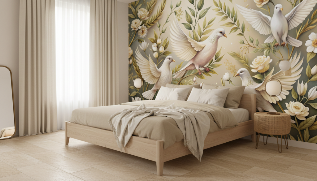 Papier peint colombes blanches et roses crème sur fond naturel doré - Chambre adulte