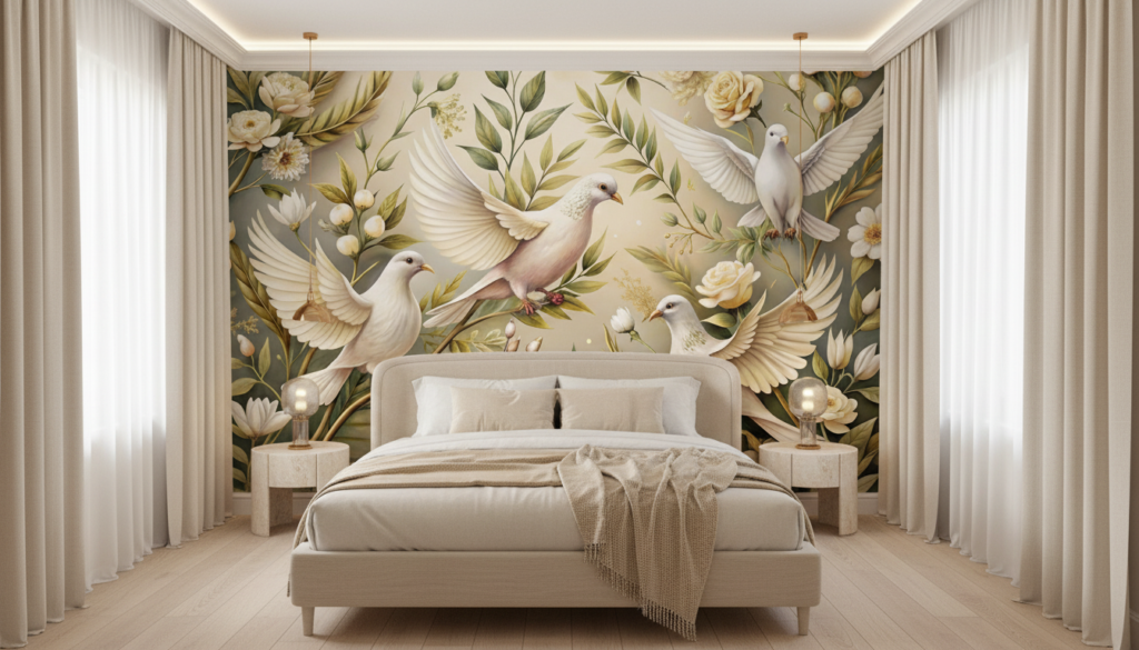 Papier peint colombes blanches et roses crème sur fond naturel doré - Chambre adulte