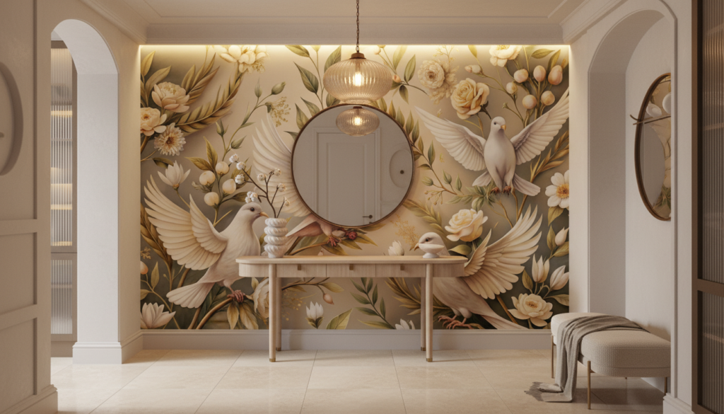 Papier peint colombes blanches et roses crème sur fond naturel doré - Entrée